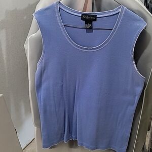 Style &Co. Blue, Sleeveless knit top. White embroidery on collar and sleeves.